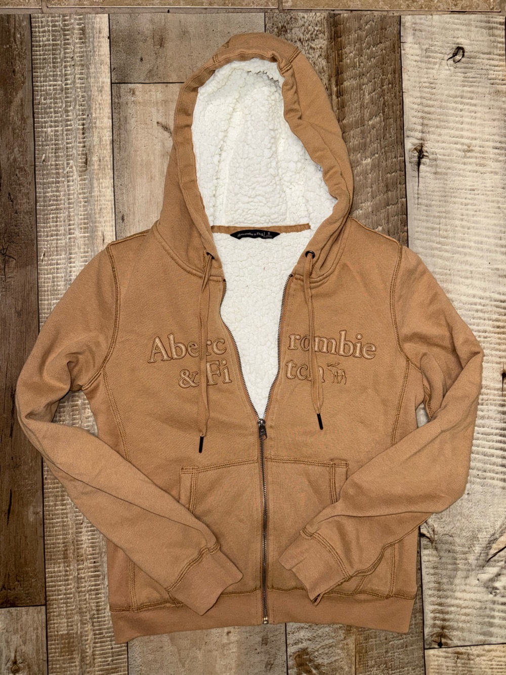 y2k Abercrombie Tan Sherpa-Lined Zip Hoodie